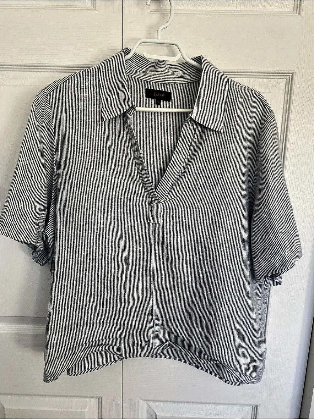 Quince 100% European Linen Short Sleeve Shirt Blue & White XL